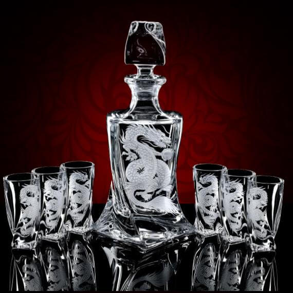 Bộ bình 6 ly vodka chạm khắc rồng nổi