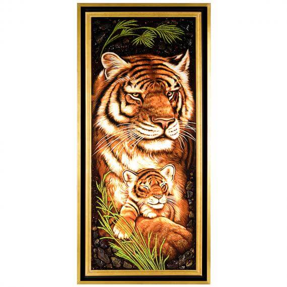 Tranh hổ phách “Hổ với một con hổ cub” 115 cm x 40 cm