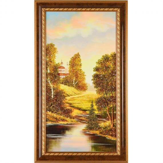 Bức tranh hổ phách “Đền và sông” 30 cm x 60 cm